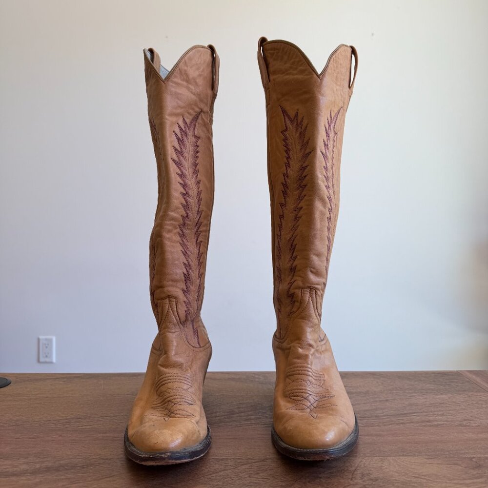 Larry Mahan Tan Leather Knee-High Western Heeled Boots with Brown Stitching - Picture 2 of 10